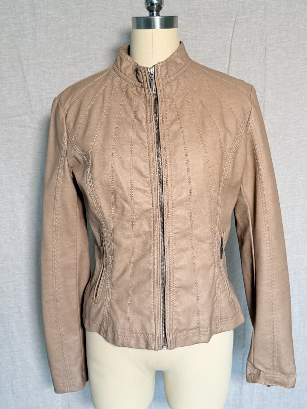 Lock & Love Taupe Faux Leather Moto Jacket Size Small Zip Front Vegan Leather